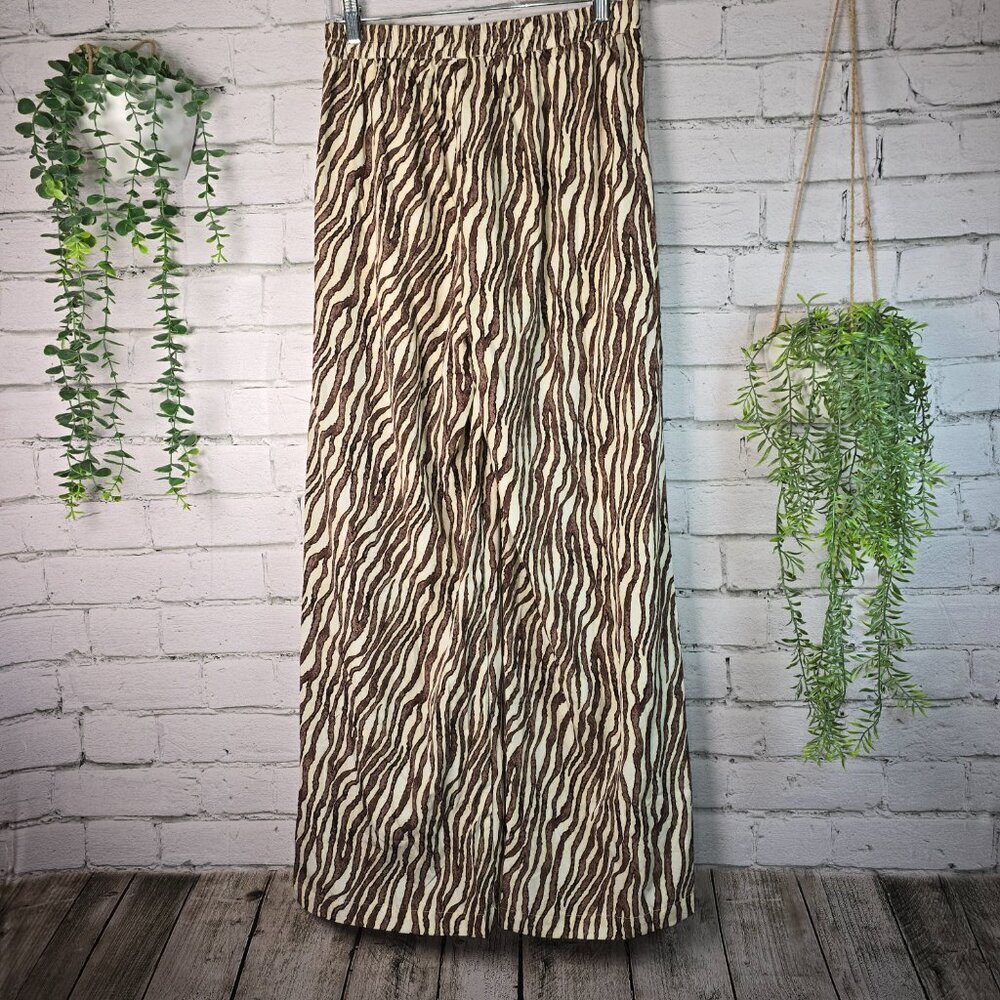 WOMENS FLOWY PULL ON WIDE LEG PANTS TIGER/ZEBRA STRIPES TAN AND BROWN SIZE MED